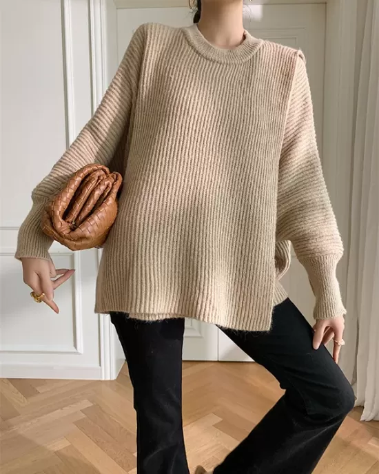 Irregularity Loose Solid Color Batwing Sleeves Round-Neck Sweater Tops