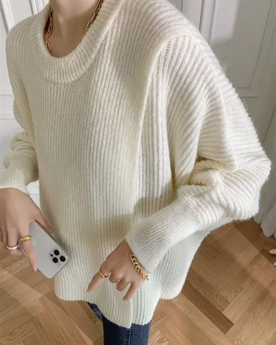 Irregularity Loose Solid Color Batwing Sleeves Round-Neck Sweater Tops