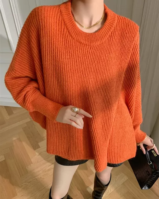 Irregularity Loose Solid Color Batwing Sleeves Round-Neck Sweater Tops