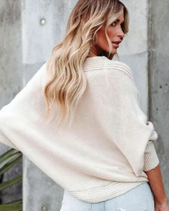 Loose Batwing Sleeves Twist Solid Color V-Neck Sweater Tops