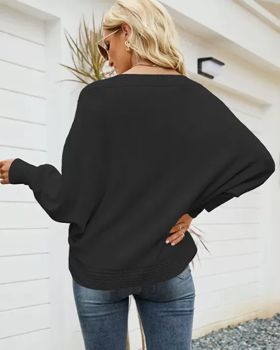 Loose Batwing Sleeves Twist Solid Color V-Neck Sweater Tops