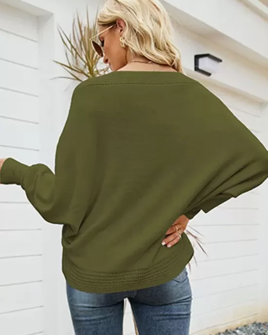 Loose Batwing Sleeves Twist Solid Color V-Neck Sweater Tops