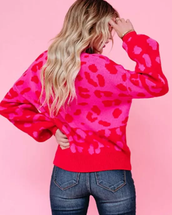 Urban Puff Sleeves Leopard Two-Tone Round-Neck Sweater Tops