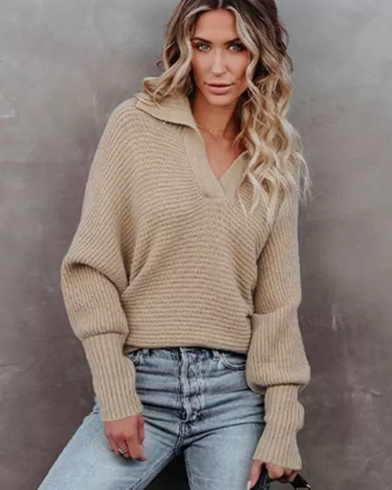 Long Sleeves Solid Color Lapel V-Neck Sweater Tops