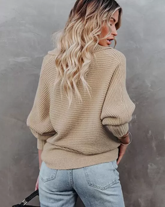 Long Sleeves Solid Color Lapel V-Neck Sweater Tops