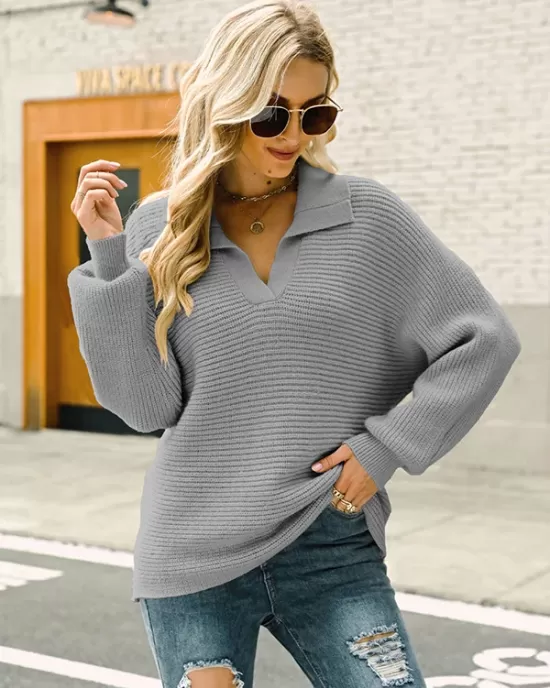 Long Sleeves Solid Color Lapel V-Neck Sweater Tops