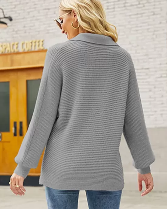 Long Sleeves Solid Color Lapel V-Neck Sweater Tops