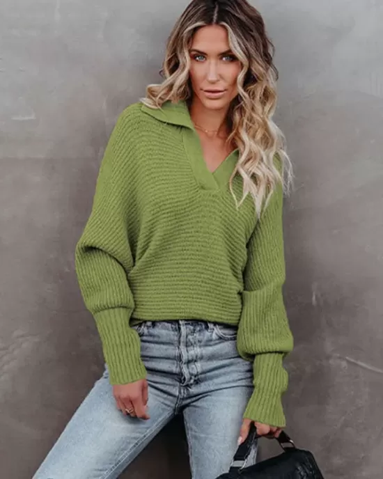 Long Sleeves Solid Color Lapel V-Neck Sweater Tops