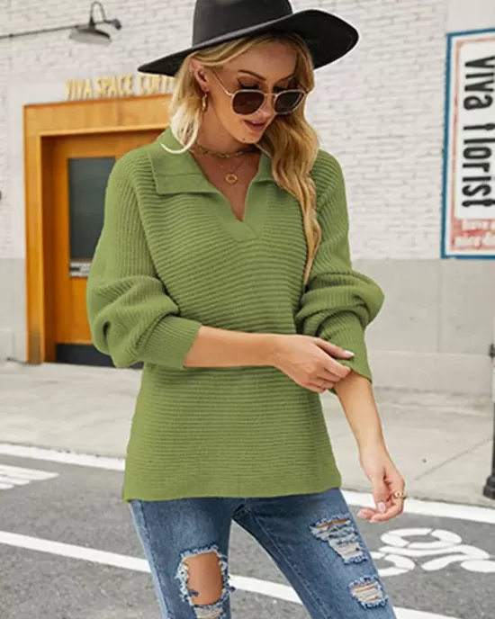 Long Sleeves Solid Color Lapel V-Neck Sweater Tops