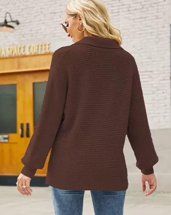 Long Sleeves Solid Color Lapel V-Neck Sweater Tops