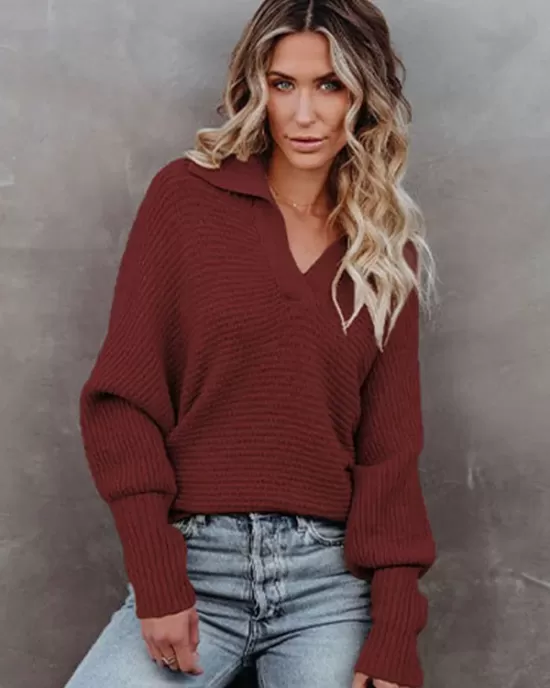 Long Sleeves Solid Color Lapel V-Neck Sweater Tops