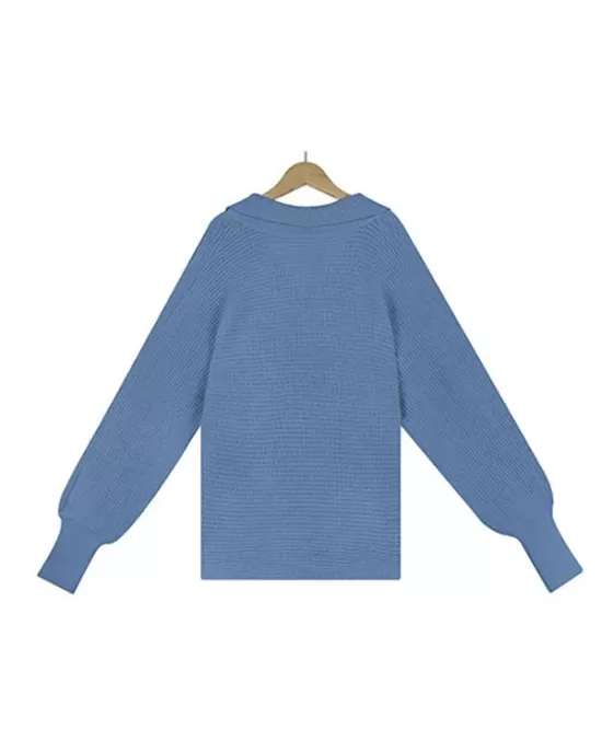 Long Sleeves Solid Color Lapel V-Neck Sweater Tops