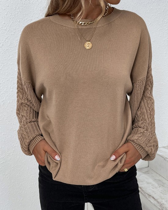 Knitted Twist Long Sleeves Solid Color Round-Neck Sweater Tops