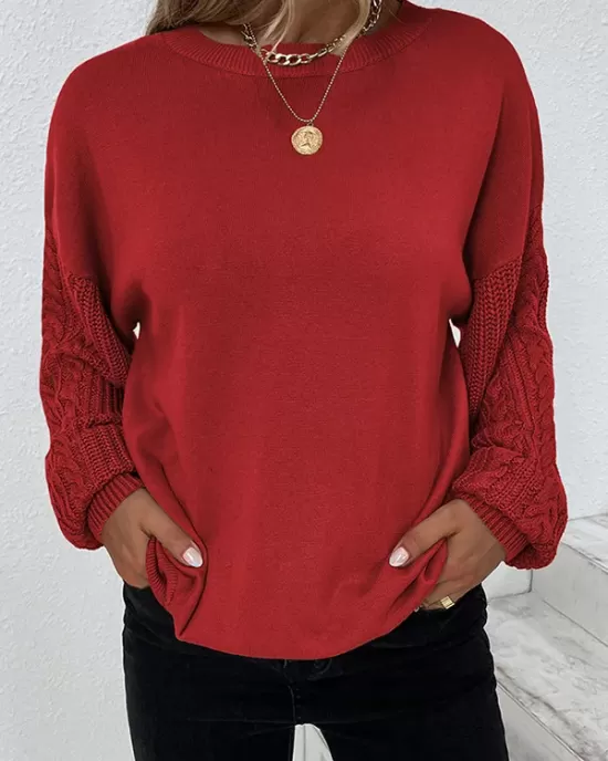 Knitted Twist Long Sleeves Solid Color Round-Neck Sweater Tops