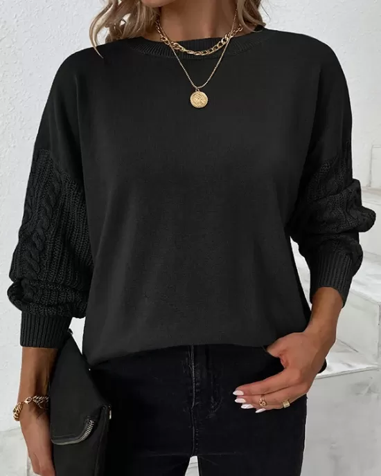 Knitted Twist Long Sleeves Solid Color Round-Neck Sweater Tops