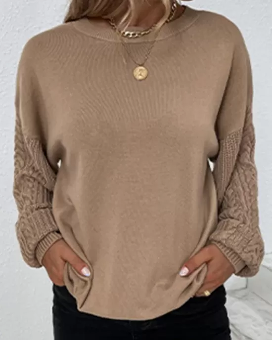 Knitted Twist Long Sleeves Solid Color Round-Neck Sweater Tops