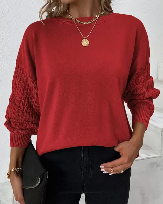 Knitted Twist Long Sleeves Solid Color Round-Neck Sweater Tops