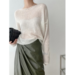 Gentle Mohair Knitted Loose Long Sleeves Solid Color Thin Sweater Tops