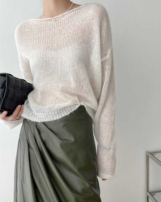 Gentle Mohair Knitted Loose Long Sleeves Solid Color Thin Sweater Tops