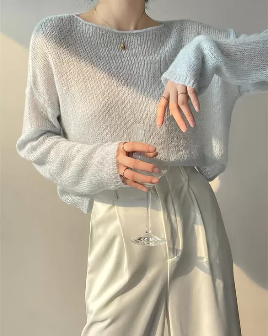 Gentle Mohair Knitted Loose Long Sleeves Solid Color Thin Sweater Tops