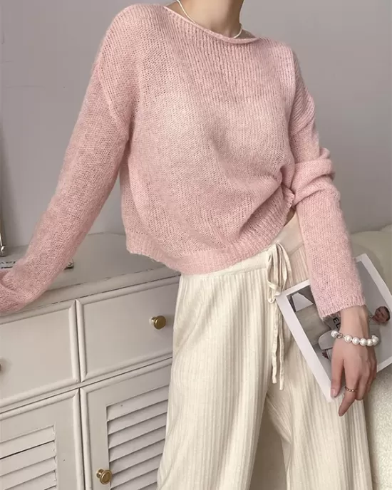 Gentle Mohair Knitted Loose Long Sleeves Solid Color Thin Sweater Tops