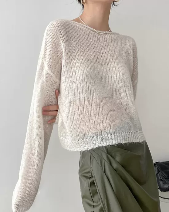 Gentle Mohair Knitted Loose Long Sleeves Solid Color Thin Sweater Tops