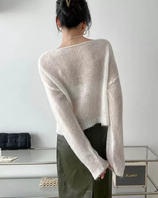 Gentle Mohair Knitted Loose Long Sleeves Solid Color Thin Sweater Tops