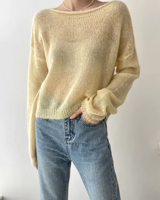 Gentle Mohair Knitted Loose Long Sleeves Solid Color Thin Sweater Tops