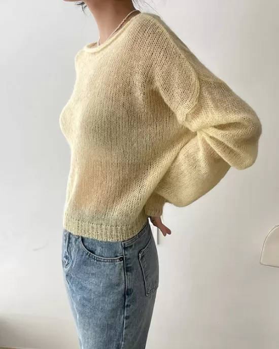 Gentle Mohair Knitted Loose Long Sleeves Solid Color Thin Sweater Tops