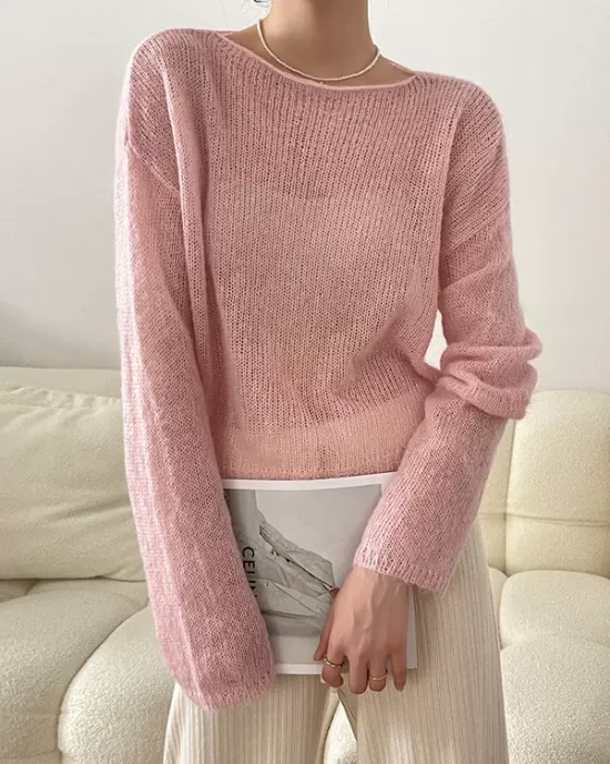 Gentle Mohair Knitted Loose Long Sleeves Solid Color Thin Sweater Tops