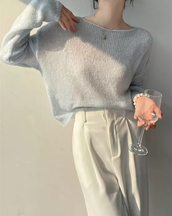 Gentle Mohair Knitted Loose Long Sleeves Solid Color Thin Sweater Tops