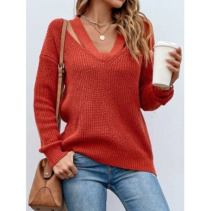 Stylish Loose Solid Color V-Neck Sweater Tops