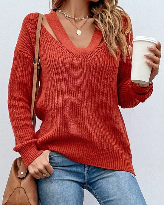 Stylish Loose Solid Color V-Neck Sweater Tops