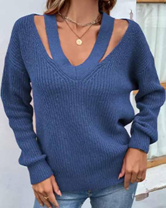 Stylish Loose Solid Color V-Neck Sweater Tops