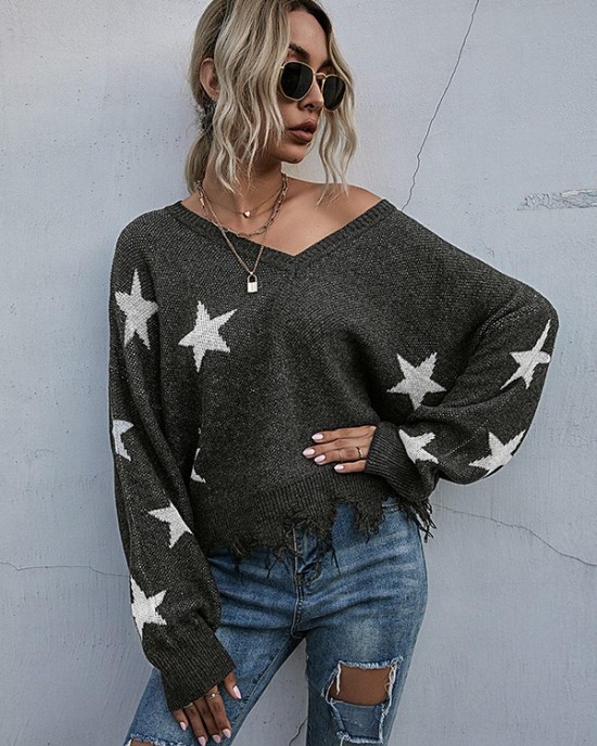 Casual Loose Patchwork V-Neck Sweater Top