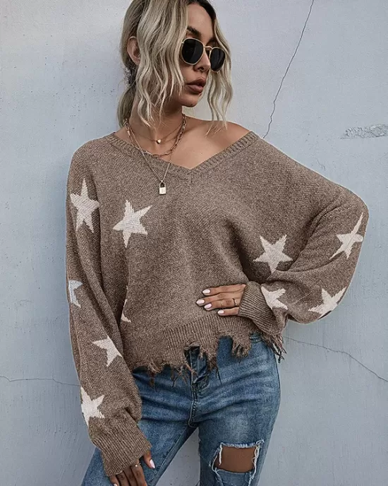 Casual Loose Patchwork V-Neck Sweater Top