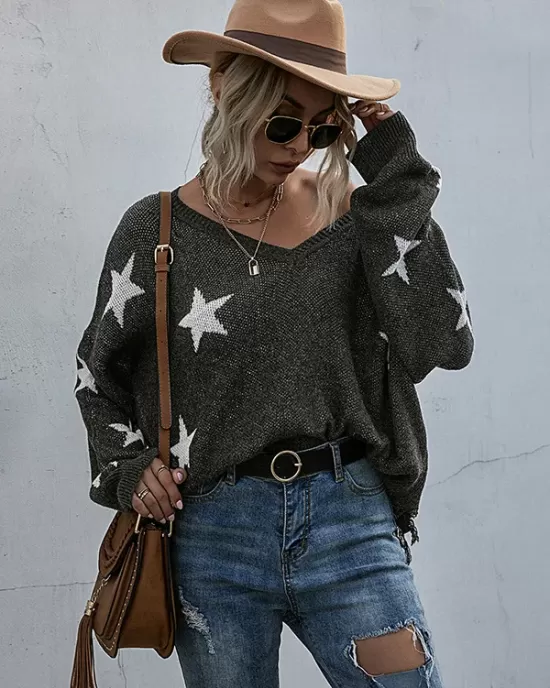 Casual Loose Patchwork V-Neck Sweater Top