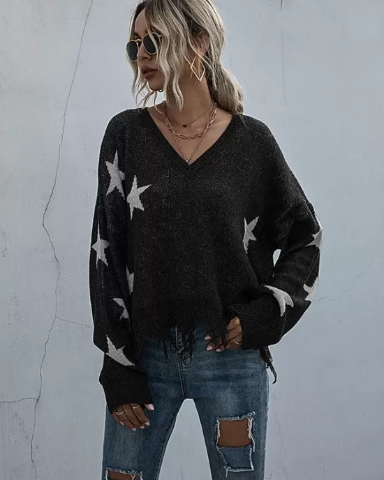 Casual Loose Patchwork V-Neck Sweater Top