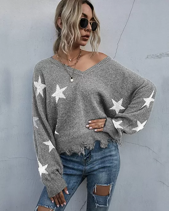 Casual Loose Patchwork V-Neck Sweater Top