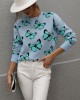 Original Long Sleeves Loose Butterfly Print Contrast Color Round-Neck Sweater Tops