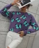 Original Long Sleeves Loose Butterfly Print Contrast Color Round-Neck Sweater Tops