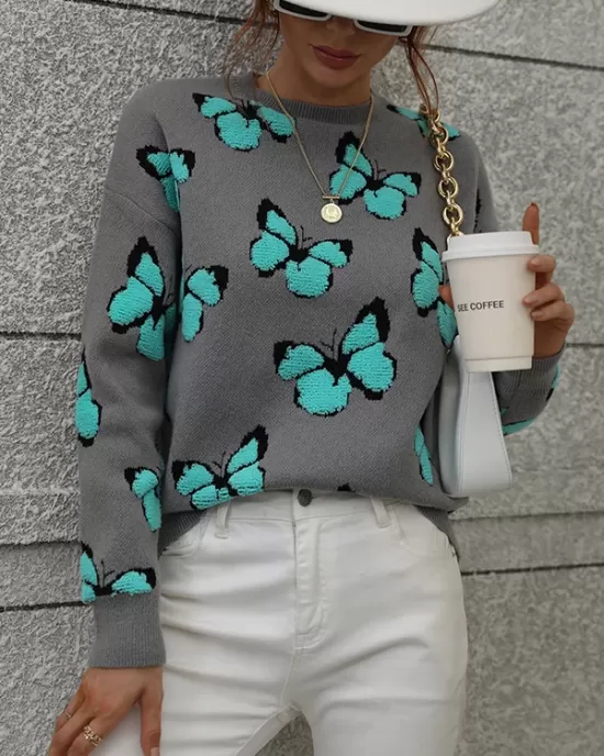 Original Long Sleeves Loose Butterfly Print Contrast Color Round-Neck Sweater Tops