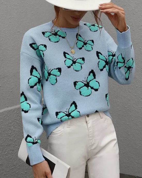 Original Long Sleeves Loose Butterfly Print Contrast Color Round-Neck Sweater Tops