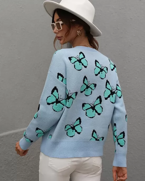 Original Long Sleeves Loose Butterfly Print Contrast Color Round-Neck Sweater Tops