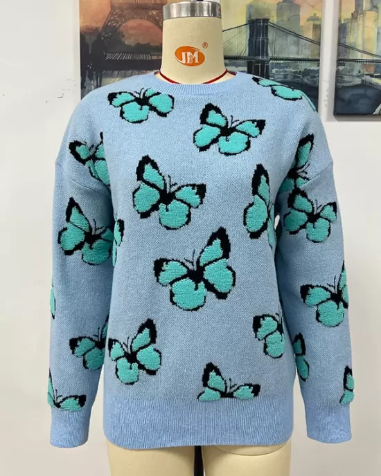 Original Long Sleeves Loose Butterfly Print Contrast Color Round-Neck Sweater Tops