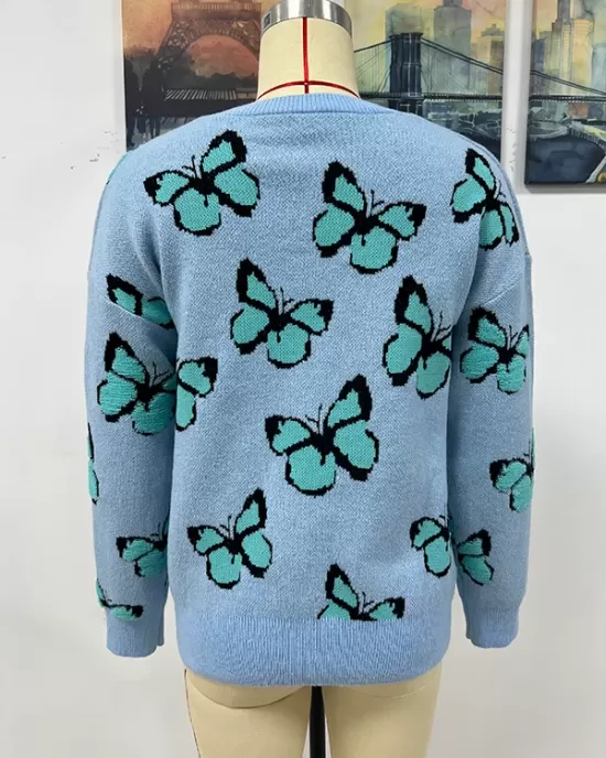 Original Long Sleeves Loose Butterfly Print Contrast Color Round-Neck Sweater Tops