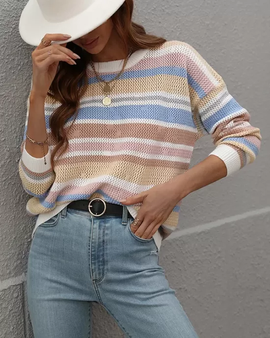 Original Long Sleeves Loose Contrast Color Striped Round-Neck Sweater Tops