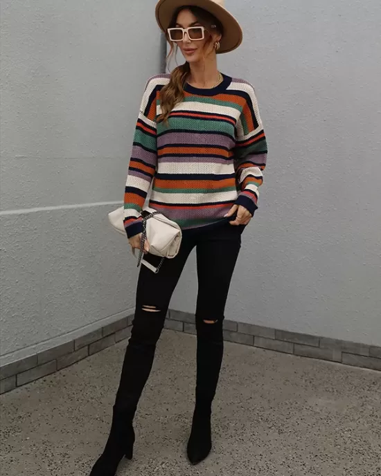 Original Long Sleeves Loose Contrast Color Striped Round-Neck Sweater Tops