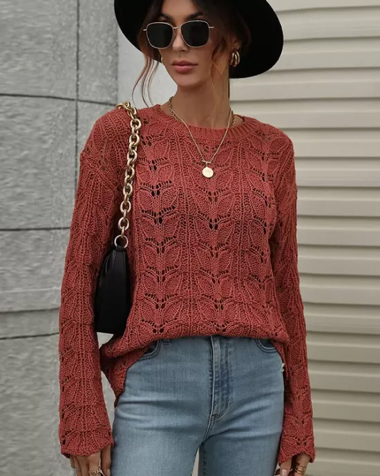 Original Creation Long Sleeves Loose Hollow Solid Color Round-Neck Sweater Tops