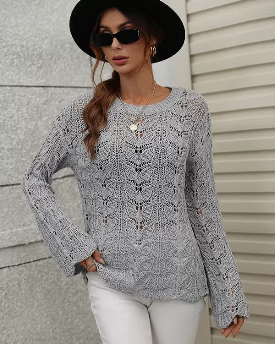 Original Creation Long Sleeves Loose Hollow Solid Color Round-Neck Sweater Tops